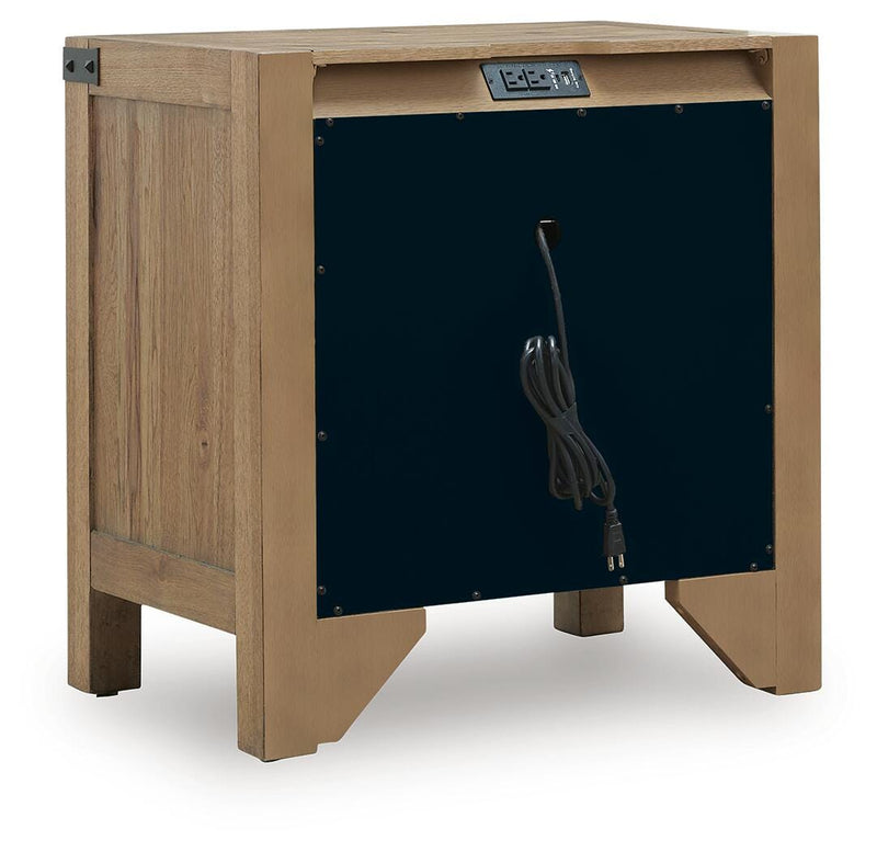 Ashley Furniture Ridgester nightstand with dark wood finish and two drawers, featuring sleek modern design.