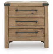 Ashley Furniture Ridgester nightstand with a dark wood finish, featuring a single drawer and open shelf for bedroom storage.