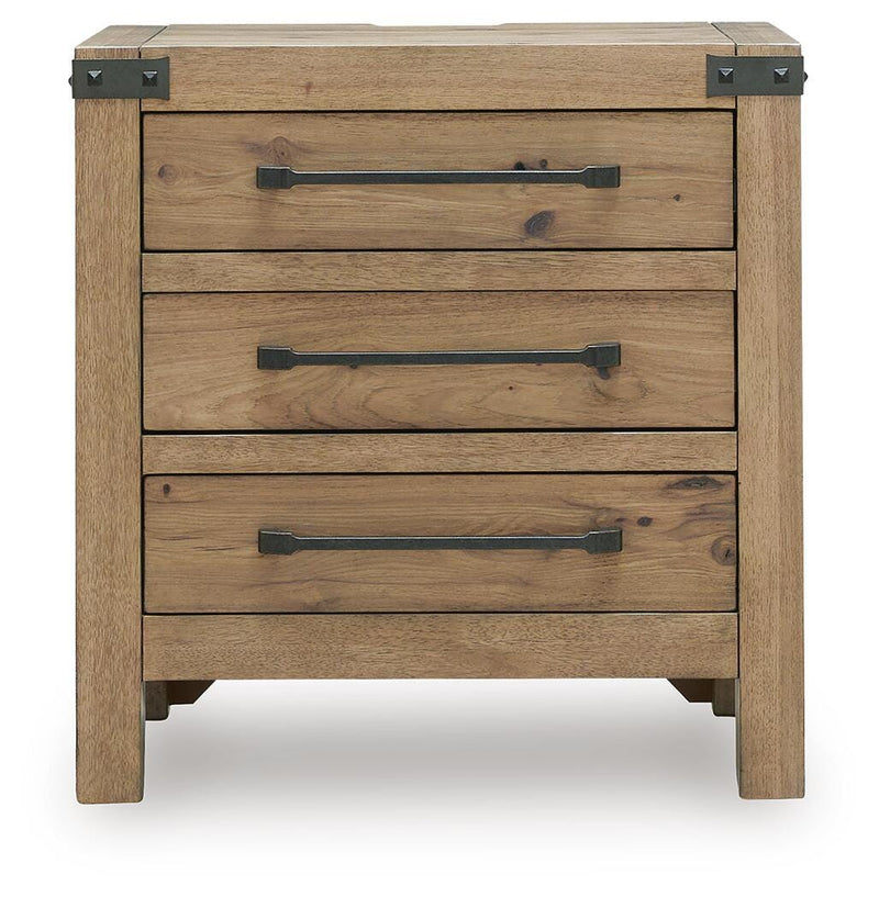Ashley Furniture Ridgester nightstand with a dark wood finish, featuring a single drawer and open shelf for bedroom storage.