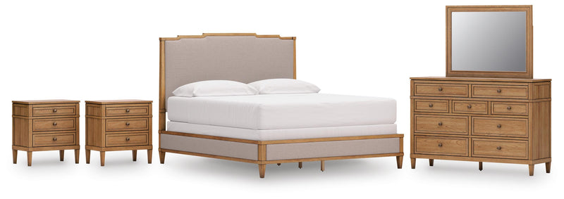 Ashley Furniture Sharlance bedroom set with a bed, dresser, and nightstands in a modern design, featuring neutral tones.