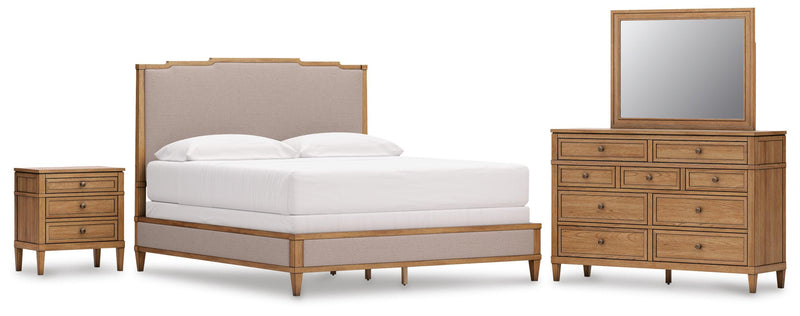 Ashley Furniture Sharlance Bedroom Set with bed frame, nightstands, and dresser in a modern design, shown in a stylish bedroom setting.