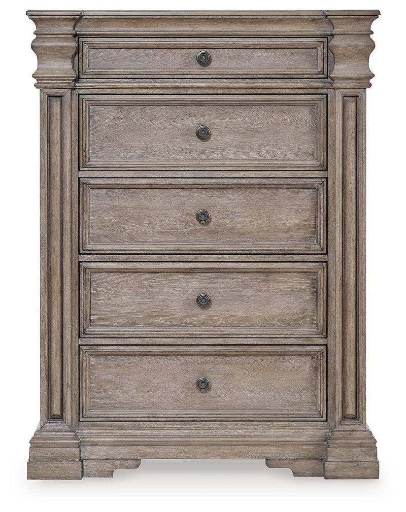 Ashley Furniture Blairhurst chest of drawers with a head-on view, showcasing dark wood finish and classic design.