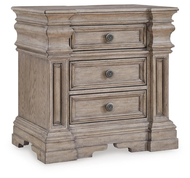 Ashley Furniture Blairhurst nightstand with a dark finish, featuring a single drawer and open shelf, shown from an angled view.