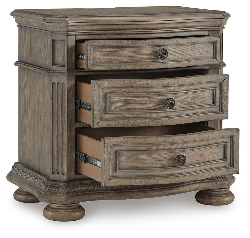 Ashley Furniture Ardenfield nightstand with open storage drawer, dark wood finish, and modern design, shown from an angled side view.