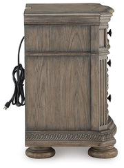Ashley Furniture Ardenfield nightstand with a dark wood finish and single drawer, shown from a side view.