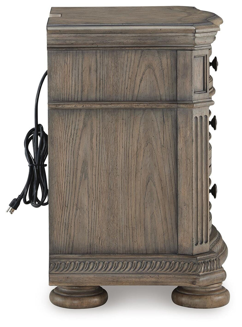 Ashley Furniture Ardenfield nightstand with a dark wood finish and single drawer, shown from a side view.