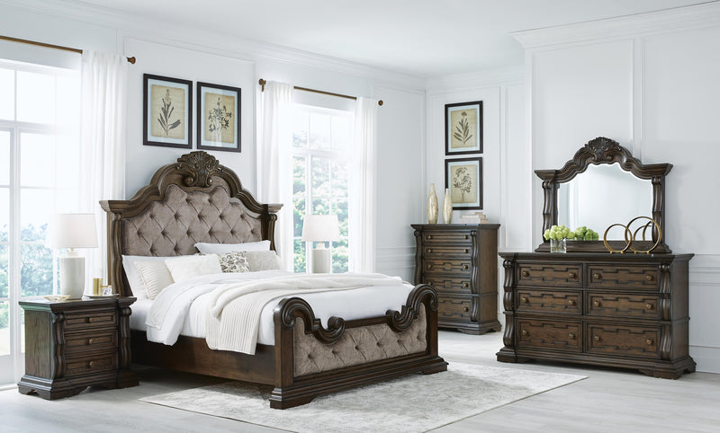 Ashley Furniture Maylee bedroom set, featuring a bed frame, nightstands, and dresser with a modern design and neutral finish.