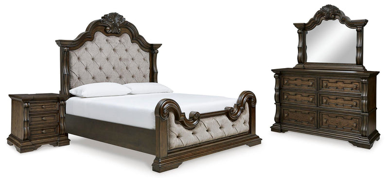 Ashley Furniture Maylee bedroom set including a bed frame, nightstands, and dresser with a modern design in a stylish bedroom.