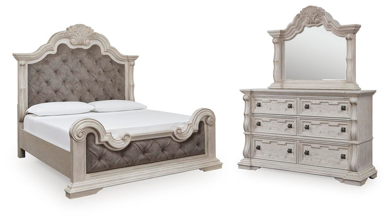 Ashley Furniture Bruchandi bedroom set with bed frame, nightstands, and dresser in a modern design, shown in a stylish bedroom setting.