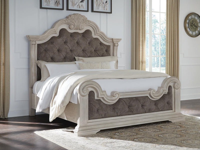 Ashley Furniture Bruchandi bedroom set with a bed, nightstands, and dresser in a modern, elegant bedroom layout.