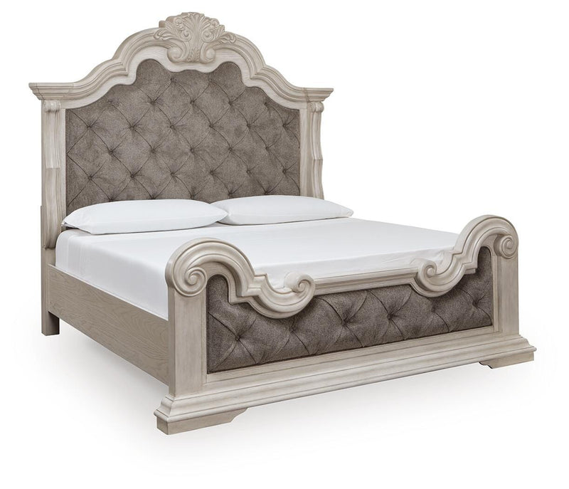 Ashley Furniture Bruchandi bedroom set featuring a bed frame, matching nightstands, and a dresser in a modern bedroom scene.