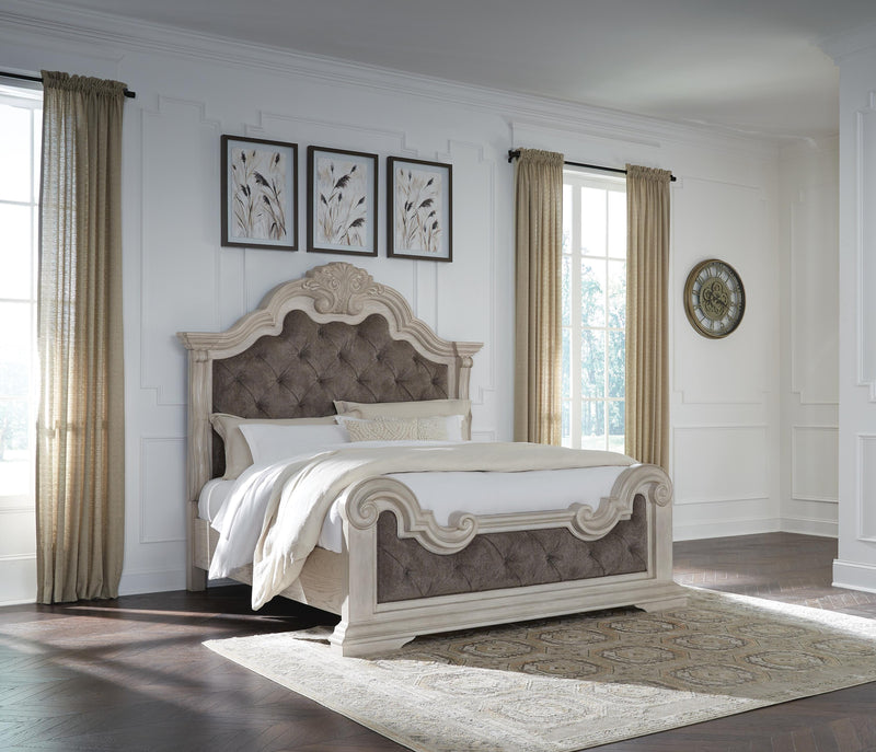 Ashley Furniture Bruchandi bedroom set featuring a stylish bed frame, matching nightstands, and coordinating dresser in a modern design.