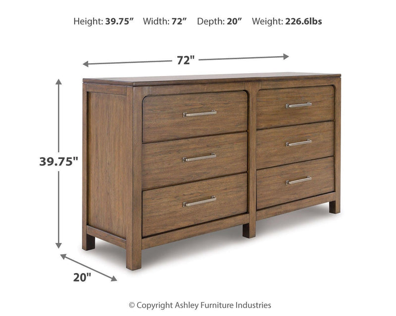 Ashley Furniture Cabalynn dresser with multiple drawers and a dark wood finish, showcasing a modern bedroom storage piece.