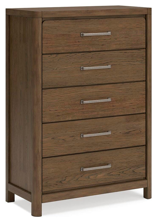 Angle view of Ashley Furniture Cabalynn chest of drawers, showcasing its modern wooden design and multiple storage drawers.