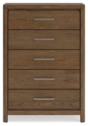Ashley Furniture Cabalynn chest of drawers with a sleek wood finish and modern design, featuring multiple spacious drawers.