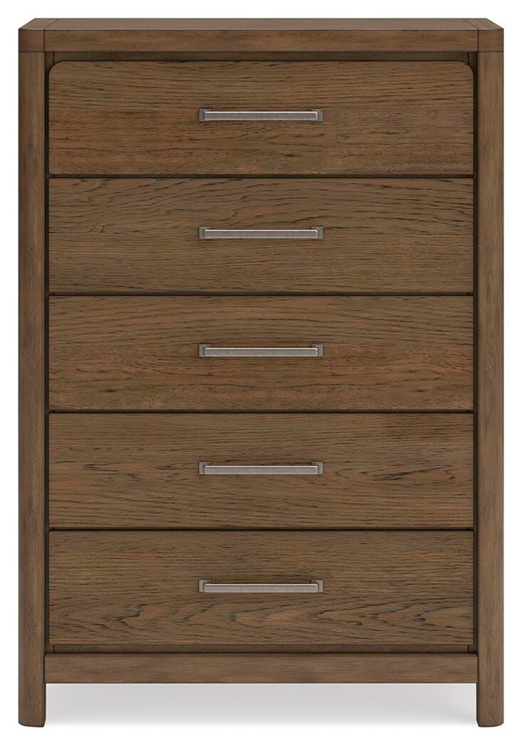Ashley Furniture Cabalynn chest of drawers with a sleek wood finish and modern design, featuring multiple spacious drawers.