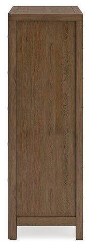 Ashley Furniture Cabalynn chest of drawers with wood finish and three spacious drawers, shown from the side.