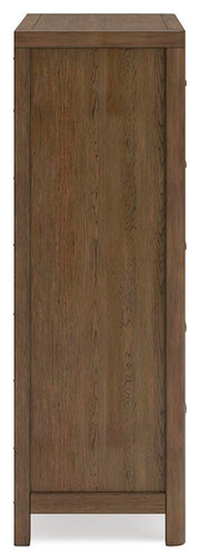 Ashley Furniture Cabalynn chest of drawers with six spacious drawers and a dark wood finish, shown from a side angle.