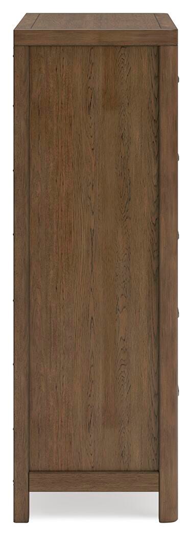 Ashley Furniture Cabalynn chest of drawers with six spacious drawers and a dark wood finish, shown from a side angle.