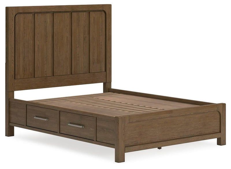 Ashley Furniture Cabalynn Bed with Storage, angled view showcasing the bed frame and built-in storage drawers in a modern bedroom setting