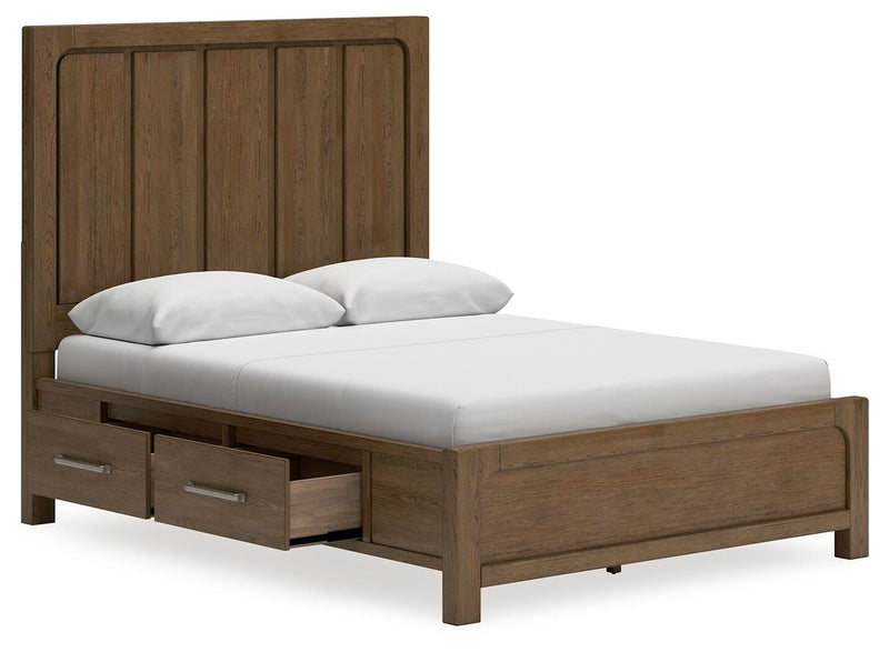 Ashley Furniture Cabalynn Bed with Storage, side view showing open storage drawers in a modern bedroom setting.