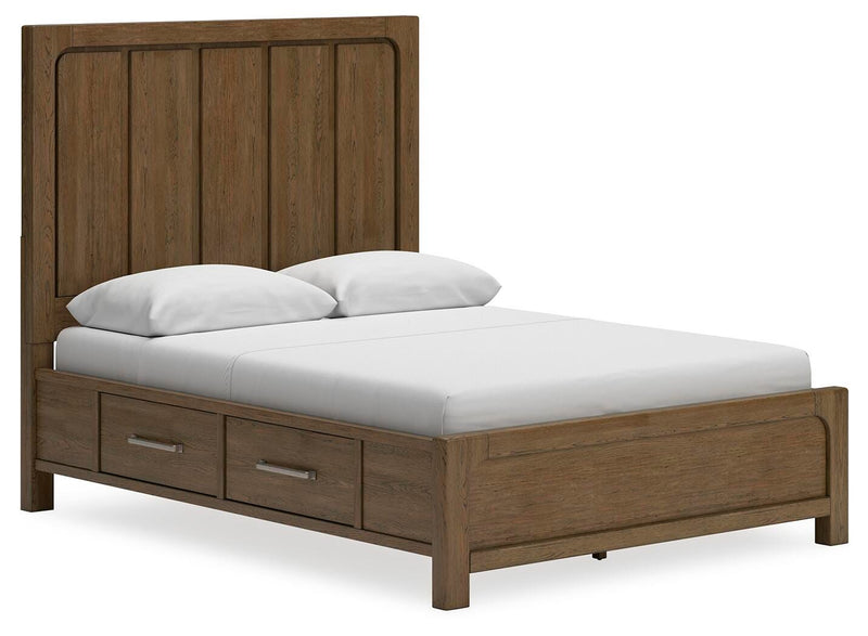 Ashley Furniture Cabalynn Bed with Storage, angled view showing wooden frame and built-in storage drawers.