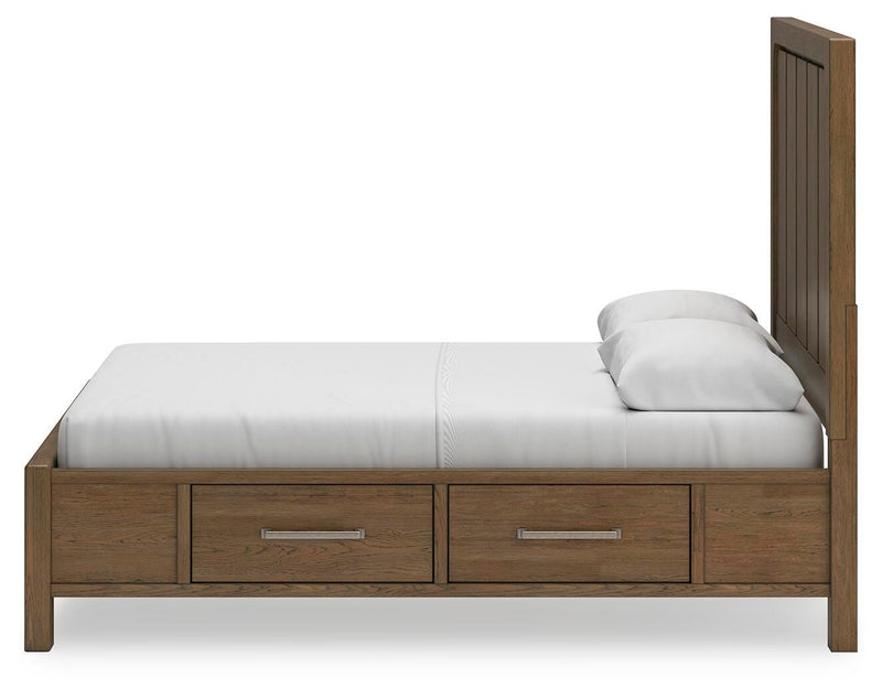Ashley Furniture Cabalynn bed with storage, featuring a dark wood frame and built-in drawers, shown from a side angle.