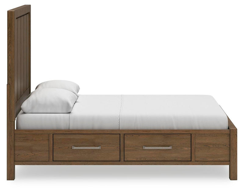 Ashley Furniture Cabalynn Bed with Storage, side view showcasing the wooden frame and built-in storage drawers.