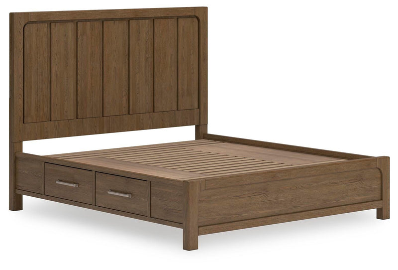 Ashley Furniture Cabalynn Bed with Storage, angled view showcasing the wooden frame and built-in storage drawers.