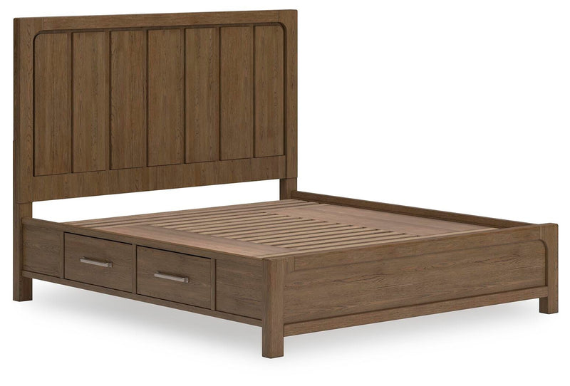 Ashley Furniture Cabalynn Bed with Storage, showcasing a dark wood bed frame with built-in drawers and angled design.