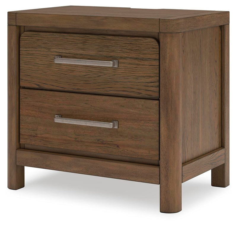 Ashley Furniture Cabalynn nightstand with a dark wood finish and modern design, shown from an angled view.