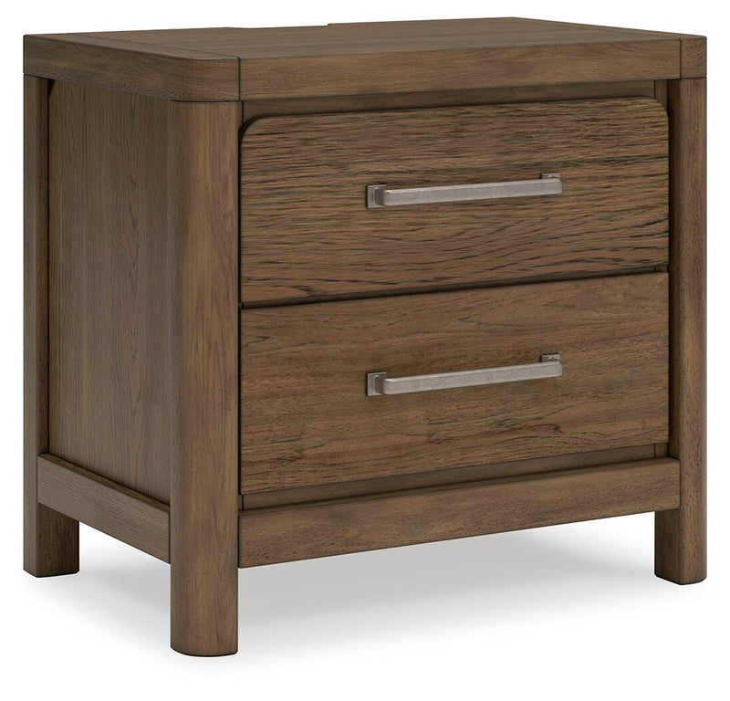 Ashley Furniture Cabalynn nightstand with a dark wood finish, featuring a single drawer and open shelf for bedside storage.