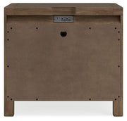 Ashley Furniture Cabalynn nightstand with a dark wood finish and sleek design, featuring a single drawer and open shelf.