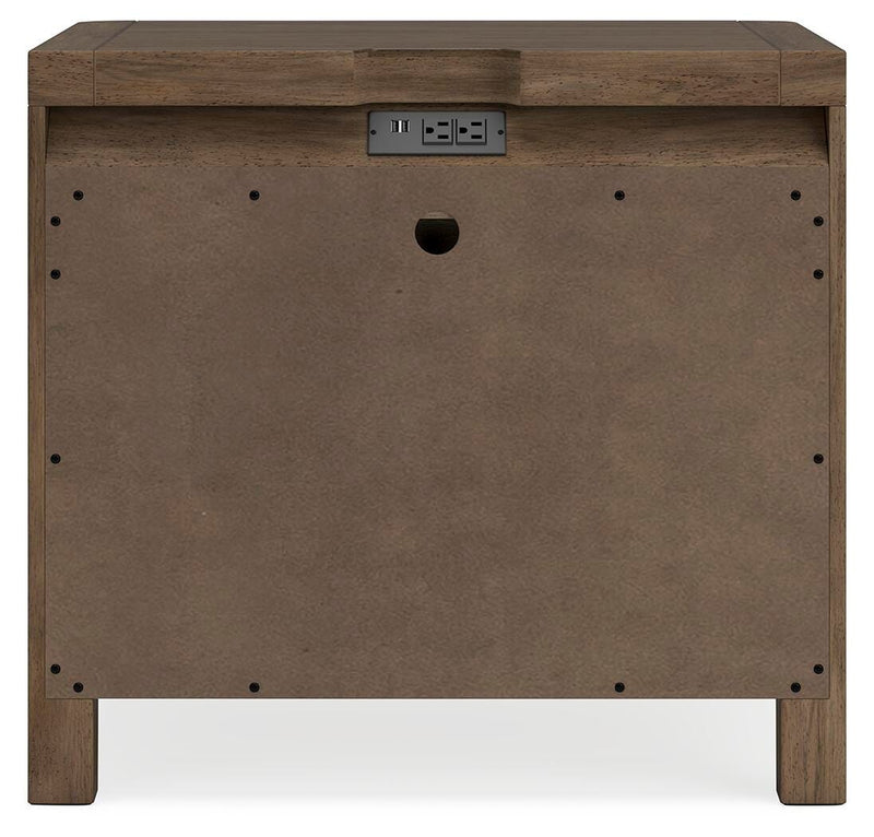 Ashley Furniture Cabalynn nightstand with a dark wood finish and sleek design, featuring a single drawer and open shelf.