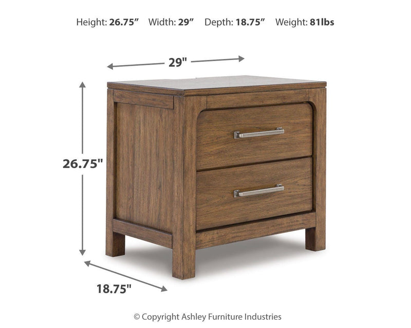 Ashley Furniture Cabalynn nightstand with a dark wood finish, featuring a single drawer and open shelf for bedroom storage.