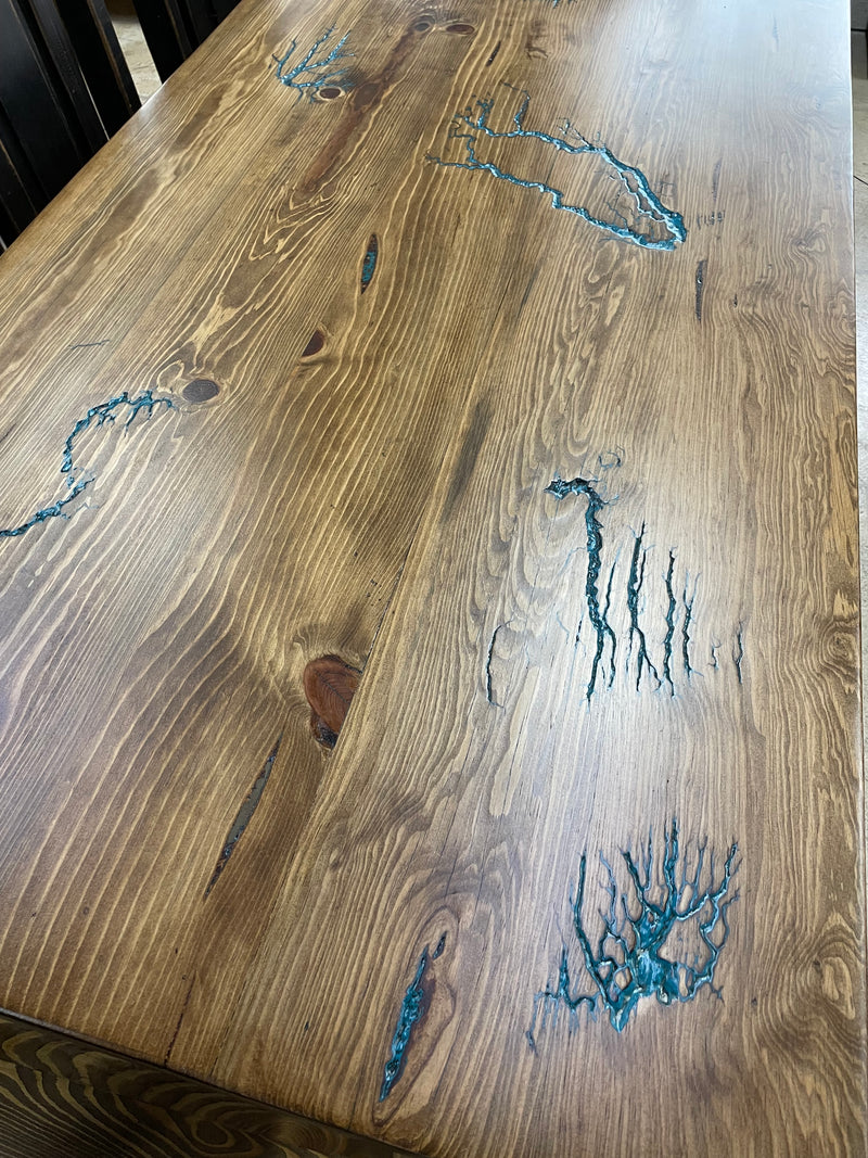 Reclaimed Wood Dining Set with Turquoise Electrified Top – 8 Chairs