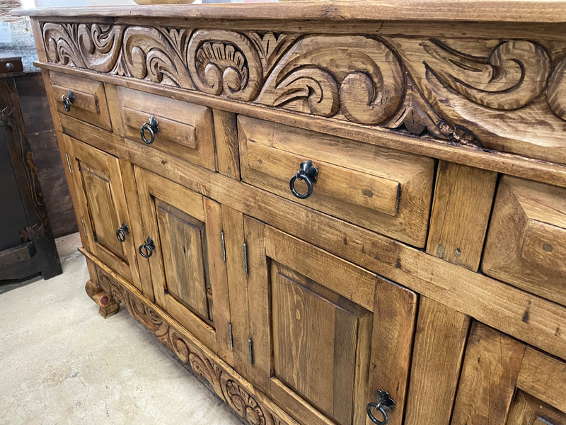 72” Reclaimed Wood Tall Sideboard w/ Carvings