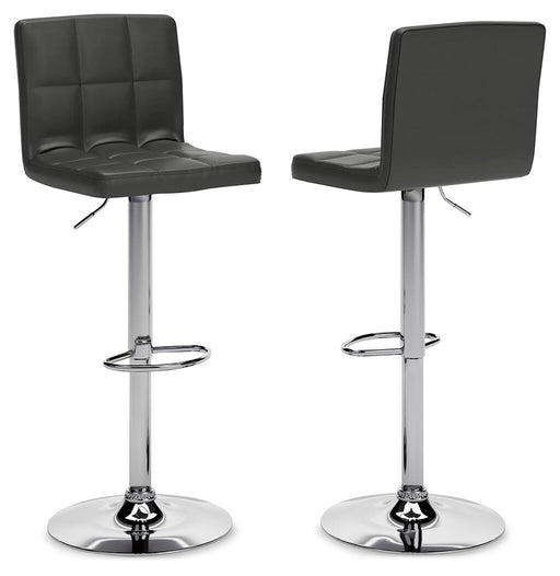 Ashley Furniture Bellatier adjustable height barstool with wooden legs and a cushioned seat, shown in a modern kitchen setting.