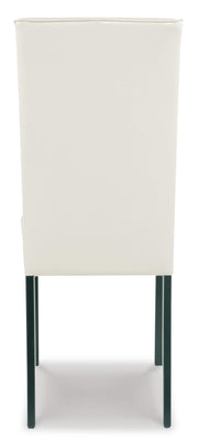 Ashley Furniture Kimonte dining chair with dark wooden legs and upholstered beige fabric, shown from the back.