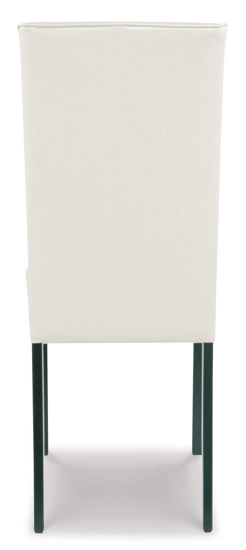 Ashley Furniture Kimonte dining chair with dark wooden legs and upholstered beige fabric, shown from the back.