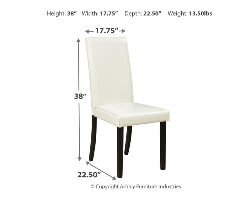 Ashley Furniture Kimonte dining chair with dark wood legs and beige upholstered seat, shown from a side angle.