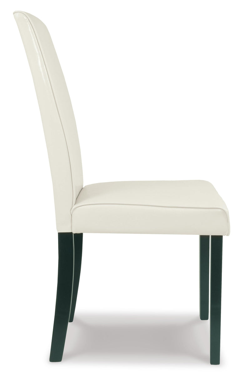 Side view of a Kimonte Ashley Furniture dining chair with dark wood legs and beige upholstered seat and backrest.
