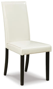 Ashley Furniture Kimonte dining chair with dark wood finish and upholstered seat, shown from a side angle.