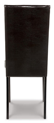 Ashley Furniture Kimonte dining chair with upholstered back and dark wood legs, shown from the back.