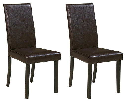 Ashley Furniture Kimonte dining chair set featuring upholstered seats and wooden legs, arranged around a dining table.