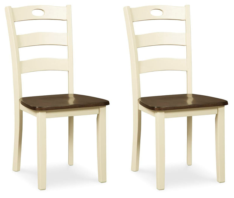 Ashley Furniture Woodanville dining chair set with four wooden chairs featuring upholstered seats, dark finish, and classic design.