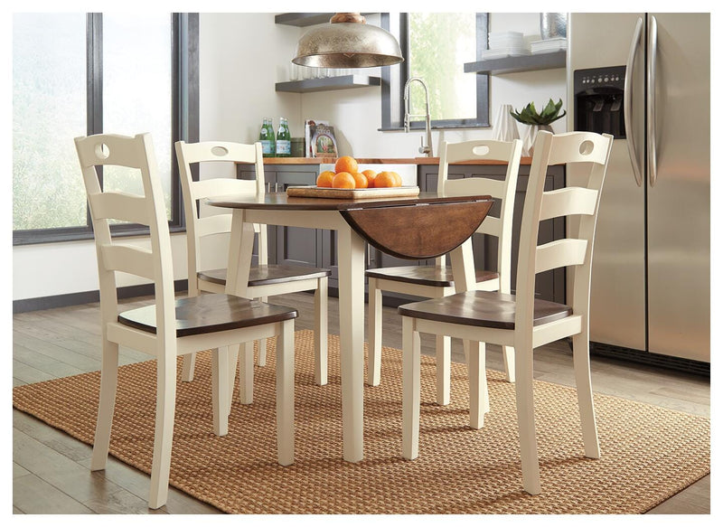 Ashley Furniture Woodanville dining room set with wooden table and six chairs, showcasing a classic dining area scene.