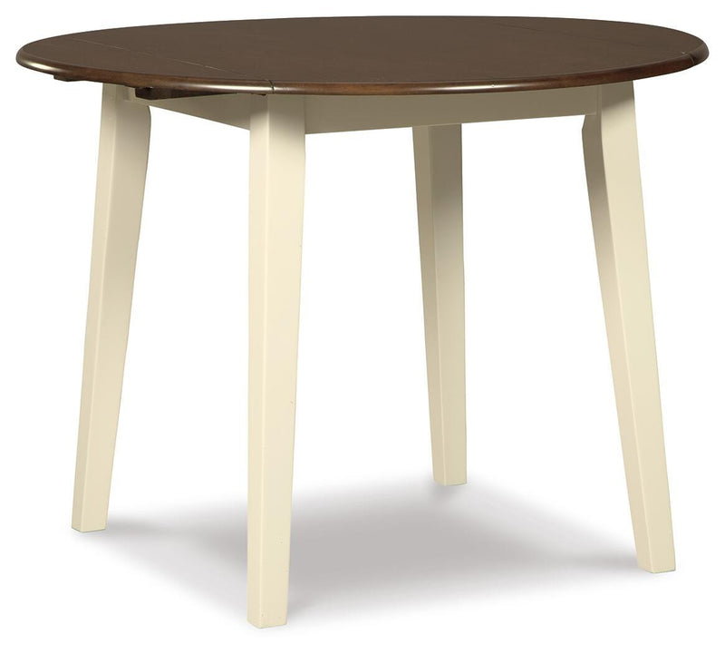 Ashley Furniture Woodanville Dining Set with table and six chairs, wooden finish perfect for a dining room.