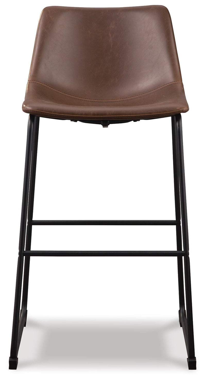 Ashley Furniture Centiar pub height bar stool with a sleek wooden seat and metal frame, shown from a front head-on view.