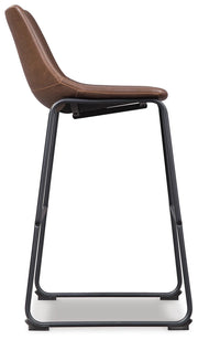 Ashley Furniture Centiar pub height bar stool with wooden legs and a cushioned seat, shown from the side angle.
